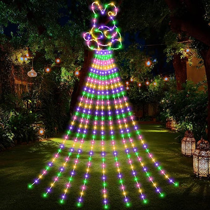 12 ft Easter Bunny Waterfall String Lights with 305 LED Colorful Bunny String Lights with 8 Modes Lighted Easter Outdoor Party Decoration for Tree Garden Yard Spring Themed Decor