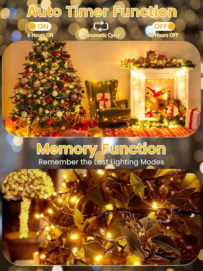 2 Pack Battery Operated Christmas Lights with Timer, 66FT 200 LED Waterproof Battery Twinkle Light, 8 Modes Green Wire Fairy Lights for Indoor & Outdoor Bedroom Tree Christmas Decorations (Warm White)