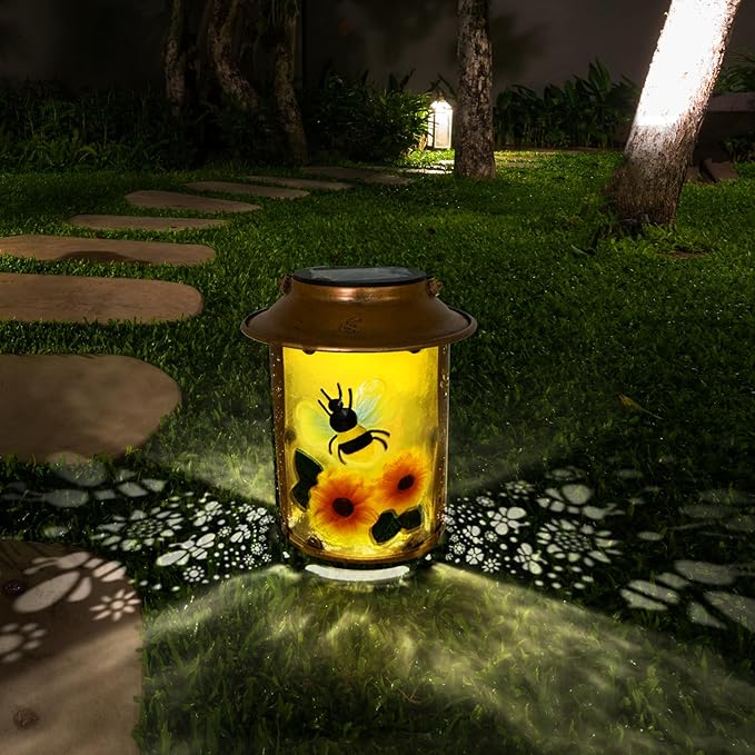 10" H Bee Solar Lanterns Outdoor, Metal Glass Hanging Solar Lanterns with Hollow Out Retro Bee Lights, Decorative for Garden Yard Patio Pathway Tabletop Gifts