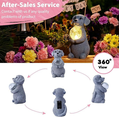 Dog Garden Statues - 8.4 Dog Decor with Gazing Ball LED Lights, Unique Gifts for Mom Grandma Birthdays, Outdoor Decor for Outside Lawn Porch Patio (Gray)