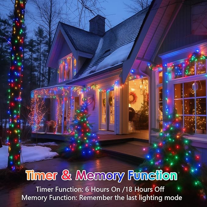 2-Pack 66ft Christmas LED String Lights, Waterproof Timer Lights