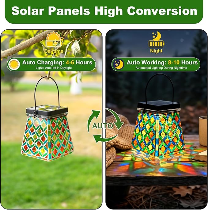 VOREEN Mosaic Solar Lantern, Colorful Mosaic Glass Decorative Lantern for Outdoor Garden & Patio, Tabletop or Hanging Solar Powered Light, Multicolor Geometric Lattice Design