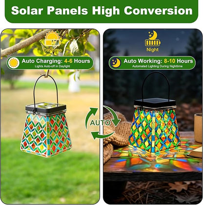 VOREEN Mosaic Solar Lantern, Colorful Mosaic Glass Decorative Lantern for Outdoor Garden & Patio, Tabletop or Hanging Solar Powered Light, Multicolor Geometric Lattice Design