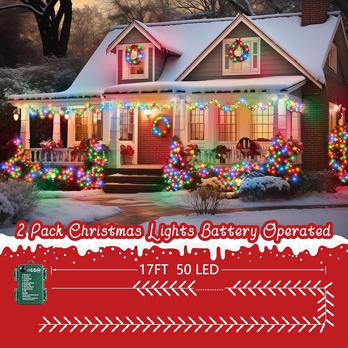 Christmas Fairy Lights 2-Pack, 33ft 100 LED Battery Twinkle Lights
