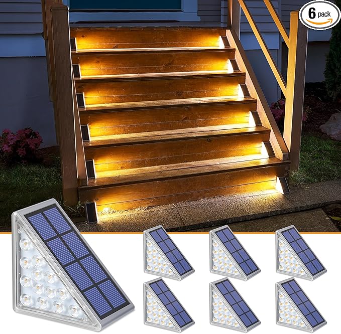 NIORSUN Solar Step Lights,6 Pack Warm White Solar Stair Lights Outdoor Waterproof IP67 Auto On Off,Solar Lights for Steps,Stair,Patio,Yard,Porch,Front Door,Sidewalk,Deck Decor