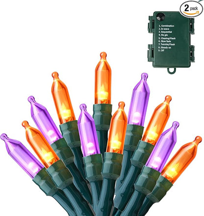 Joiedomi 16.3FT Orange&Purple Halloween Lights,2×50 Count Battery Operated Christmas String Tree Fairy LED Lights with 8 Modes,Multifunction Green Wire with Timer for Xmas Decor Party Holiday
