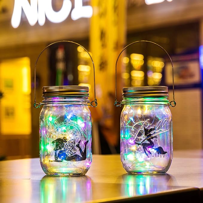 YJFWAL Updated Solar Mason jar Lights, 8 Pack 30 Led Waterproof Fairy Firefly jar Lights, with 8 Hangers(NO Jars) for Regular Mouth Jars, Patio Yard Garden Wedding DIY Decor, Summer Gifts(Multicolor)