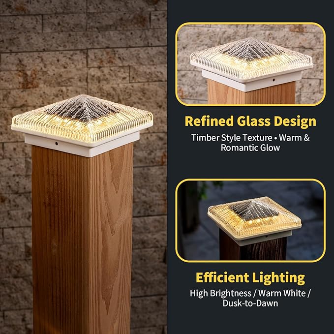 Glass Solar Post Cap Lights with Timber Style - Decorative Deck Fence Lights for 4x4 5x5 Posts Hidden Solar Panel, Modular Design, 10Hr Runtime, IP65, Warm White, White, 4 Pack