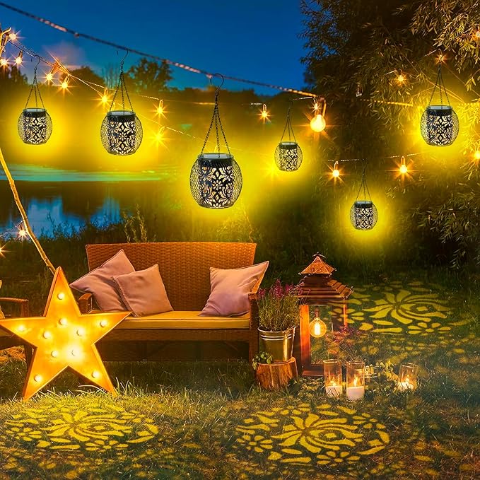 Solar Lanterns Outdoor Waterproof, Hanging Solar Lights Outside Garden Decor, Metal Solar Garden Lights Patio Decor for Yard, Solar Powered Lanterns Decorative for Porch Balcony Backyard Fence