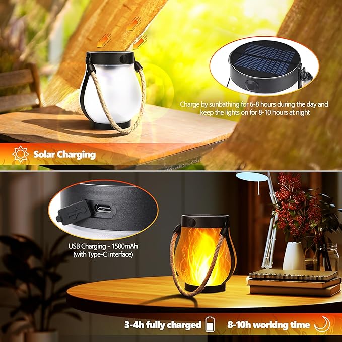Solar Flame Lantern Hanging Outdoor Waterproof - 2 Pack Flame Lanterns with Dual Charging Modes of Solar & USB for Garden or Yard Decorations (Warm White - 1 Pack)