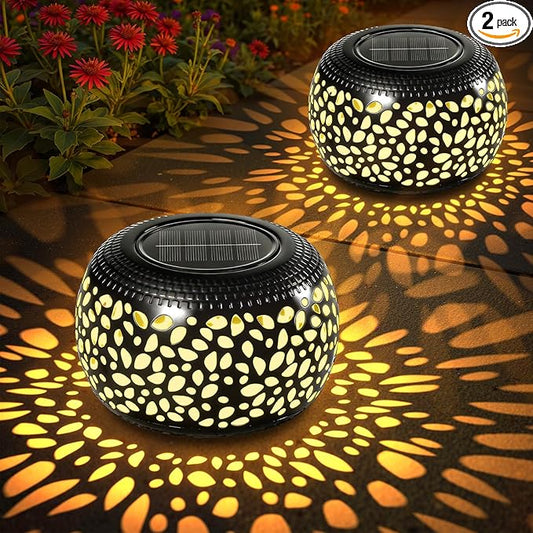 2 Pack Solar Lanterns Outdoor Waterproof Lights, Black Hollow Out Metal Table Light, Unique Gardening Gifts for Women Mom, Outside Garden Yard Balcony Indoor Tabletop Decorations, 2 Modes
