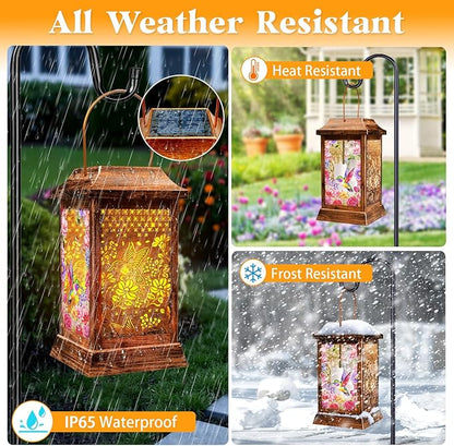 Hummingbird Solar Lanterns Outdoor Waterproof, Metal & Glass Hanging Lights Garden Decor, Birthday Gifts for Christmas Women Mom Mothers Day, Decorative Lights for Outside Yard Patio Backyard Porch
