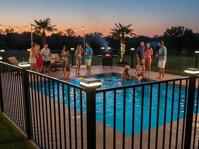 4 Pack Solar Post Cap Lights for 2x2 inch Aluminum, Wrought Iron, and Garden/Pool Fences, Warm White, Cool White, and Selectable RGB Colors with Built-in Color-Changing Holiday/Party Mode!