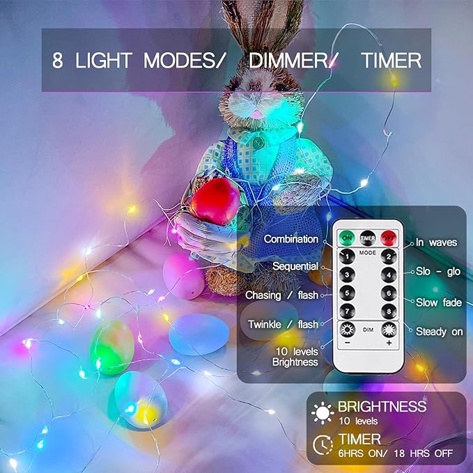 4 Pack 50 LED Easter Lights Battery Operated with Remote, 16FT Waterproof Twinkle Lights with Timer & 8 Modes, Pastel Fairy String Light Outdoor Indoor for Spring Bedroom Easter Decor (Multicolor)