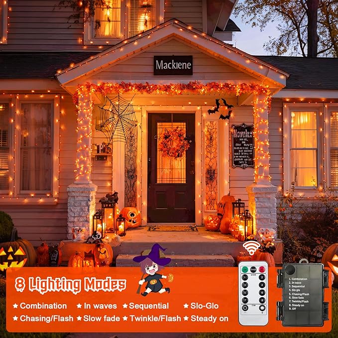 JMEXSUSS Orange Halloween Lights Battery Operated, Each 33 FT String Lights Indoor Outdoor Waterproof, 2 Pack 100 LED Christmas Light for Halloween Tree Thanksgiving Decorations