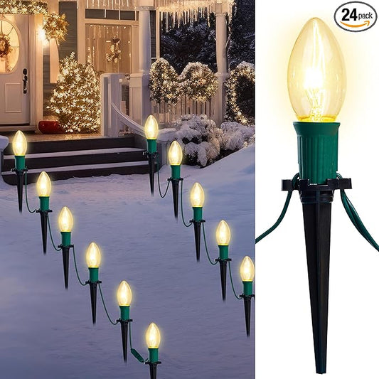 Joiedomi Christmas C9 Pathway Lights Outdoor Decorations 24 Packs, 30.75ft Xmas Warm White Pathway Marker String Lights for Holiday Waterproof Outside Yard Garden, Party, Walkway Decor