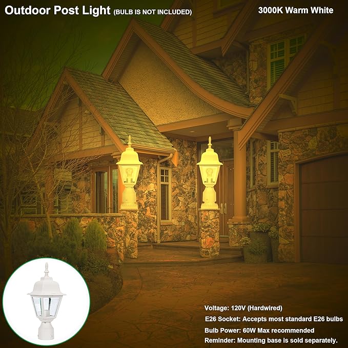 LIT-PaTH Outdoor Post Lighting Fixture Pole Lantern, E26 Medium Base Max 60W, Aluminum Housing Plus Clear Glass, Bulb Not Included, Matte White Finish, 1-Pack
