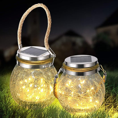 Solar Hanging Lanterns Outdoor Waterproof, Table Lamps Decorative Cracked Glass Jar 30 LED Lights for Garden Tree Court Yard Patio Pathway Christmas Day Holiday Party Decoration (2, Warm Light)