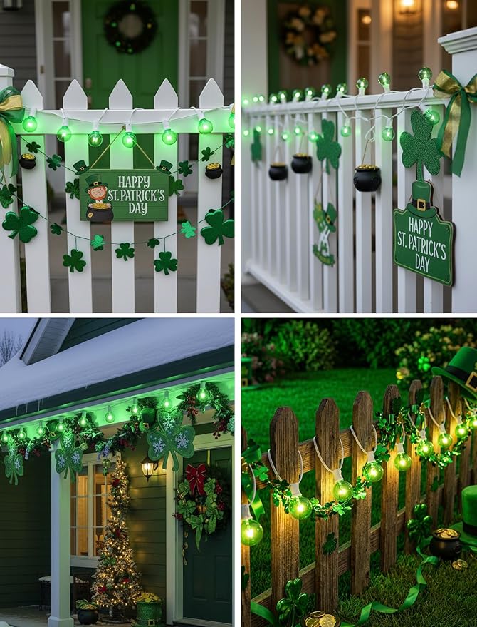 G40 Green St. Patrick’s Day Globe String Lights, 25Ft Outdoor St. Patrick’s Day Decorations Lights with 27 Green Incandescent Bulbs, Hanging Patio Lights Waterproof for Christmas Wedding Party Garden