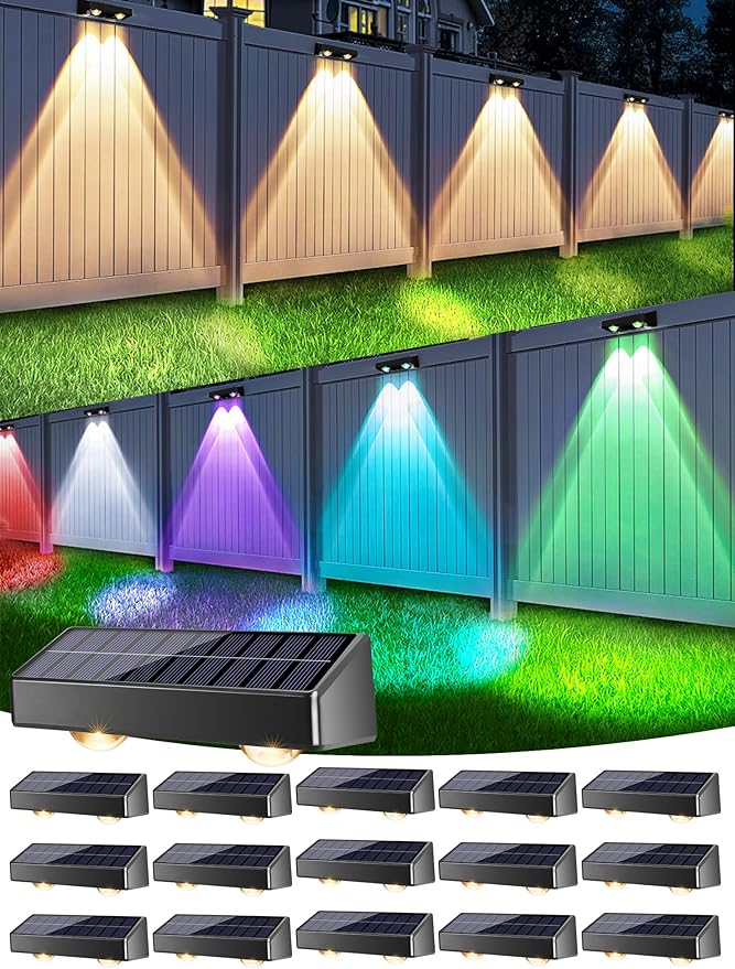 Brizled 16 Pack Fence Solar Lights, 11 Modes & 9 Colors - Warm White/Cool White/RGB Color Changing IP65 Waterproof Outdoor Wall Lights, 100 Lumens Outdoor Solar Deck Lighting for Railing Wall Fence