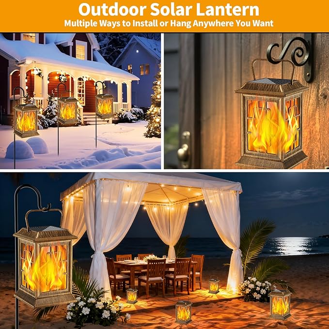 Flickering Solar Lantern Outdoor, Waterproof Hanging Flame Solar Powered Lantern for Pathway, Tabletop, Patio, Garden Decoratives (Bronze)