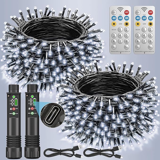 Rechargeable Battery Twinkle Lights with Remote, 2 Pack Total 66ft 200 LED Rechargeable Battery Operated String Lights Waterproof, Christmas Light Outdoor Indoor for Chirsmas Tree Decor(Cool White)