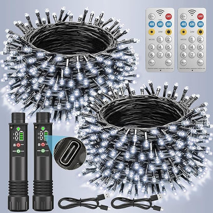 Rechargeable Battery Twinkle Lights with Remote, 2 Pack Total 66ft 200 LED Rechargeable Battery Operated String Lights Waterproof, Christmas Light Outdoor Indoor for Chirsmas Tree Decor(Cool White)