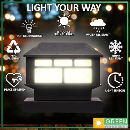 GreenLighting Modern Solar Post Cap Lights Fits 4x4 Wood, 4x4 & 5x5 PCV/Vinyl Outdoor Solar Powered Light, Fence Post, Landscaping, Deck, Garden- Bright LED, Waterproof Black 4 Pack