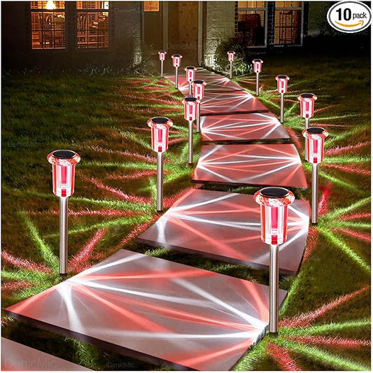 DenicMic Solar Lights Outdoor 10 Pack Waterproof Red White LED Stainless Steel Stake Outside Lights for Yard Pathway Garden Driveway Walkway Landscape Path Lighting Valentines Day Decorations