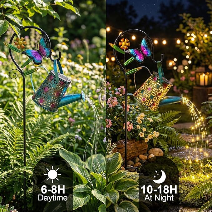 Solar Watering Can with Cascading Lights Outdoor Garden Decor,Waterproof Solar Lantern with Butterfly Shepherd Hook,Hanging Garden Lights for Outdoor Decoration,Unique Garden Gifts for Women