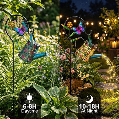 Solar Watering Can with Cascading Lights Outdoor Garden Decor,Waterproof Solar Lantern with Butterfly Shepherd Hook,Hanging Garden Lights for Outdoor Decoration,Unique Garden Gifts for Women