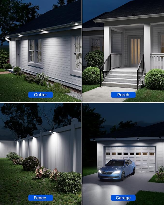 8 Pack Solar Powered Gutter Lights Outdoor Waterproof 12 LED Clip On Gutters Light for Eave, Roof, Rainspout, Fence, Railing, Wall, Garage, House Porch, Deack, Yard, No Damage Installation(Cool White)