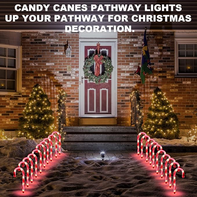Christmas Candy Cane Lights Outdoor Pathway -10 Pack Lighted Candy Cane Pathway Markers Lights Walkway, 10 inch Candycane Christmas Sidewalk Outdoor for Yard Lawn Decorations