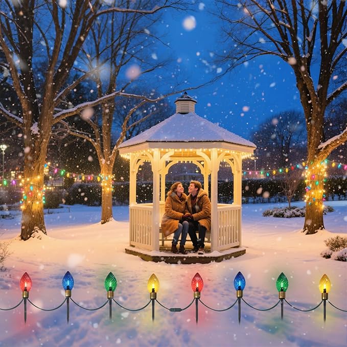 Jumbo Christmas Pathway Lights Outdoor, 7FT 4Pcs Connectable Plug in Multicolor Diamond Walkway Lights for Driveway, Fence, Yard Holiday Decor, Green Wire
