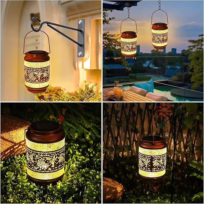 Hummingbird Solar Lanterns Outdoor Waterproof with Shepherd Hook, Garden Decor Solar Birthday Gifts for Women Mom Grandma, Hummingbird Metal Hanging Lantern for Yard, Patio, Lawn, Pathway