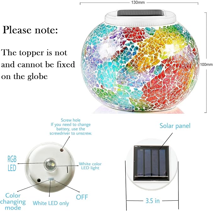 Solar Glass Ball Light Color Changing Mosaic Crackle Table Lamps Waterproof LED Night Light for Bedroom Yard Patio Christmas Decorations (Crackle Glass, Multi-Colored)