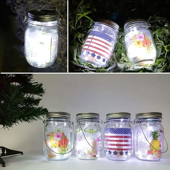 YJFWAL Solar Mason lid Light, 8 Pack 30Led Mason jar Fairy Lights,Including 8 Hangers and 2 PCS Fairy Decor PVC (Jars Not Included), Best for Courtyard Garden, Interior Decora (Cool White)