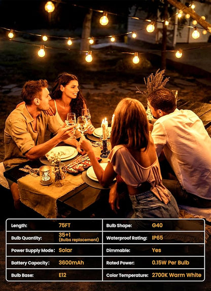 Brightown 75ft Solar String Lights, 36 Shatterproof LED Bulbs with Remote Control, Outdoor Patio & Cafe Lights