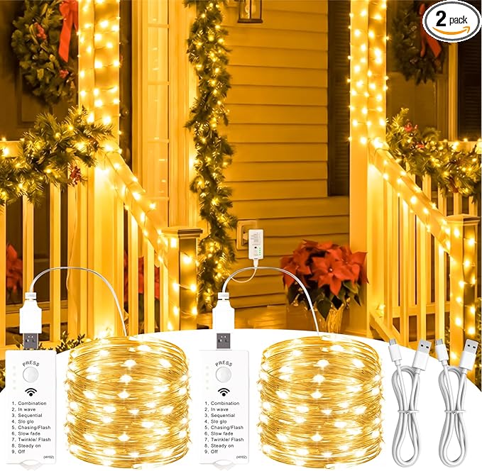 2-Pack Christmas String Lights, 16ft 50 LED Waterproof Twinkle Lights