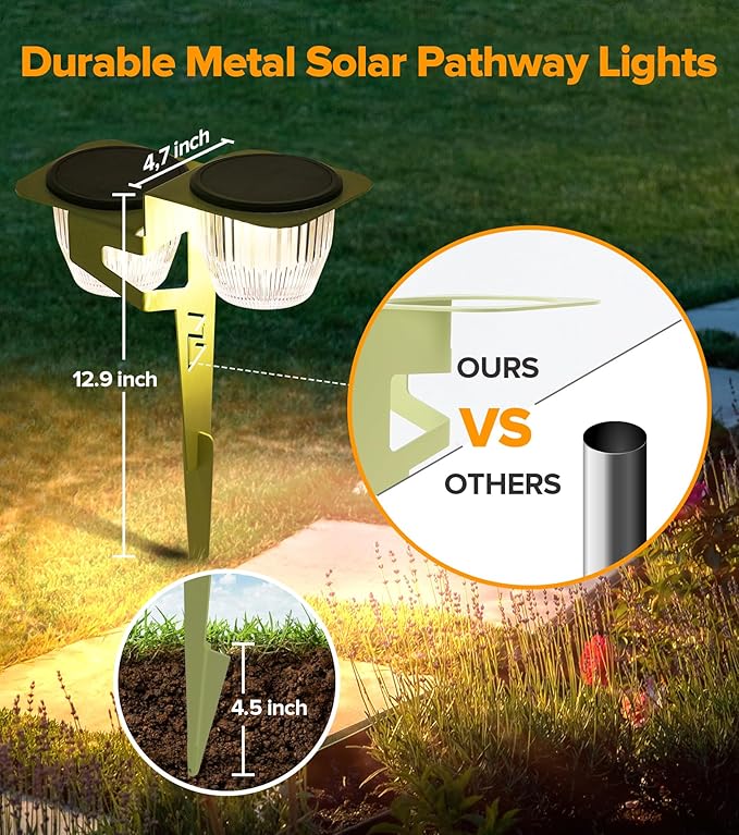 Solar Pathway Lights Outdoor, Dual Head Pathway Lights, Brighter 500 lumens with 2-in-1 Solar and USB Charging Modes, IP65 Waterproof, Garden Lights for Lawn Patio Walkway, Green-2 Pack