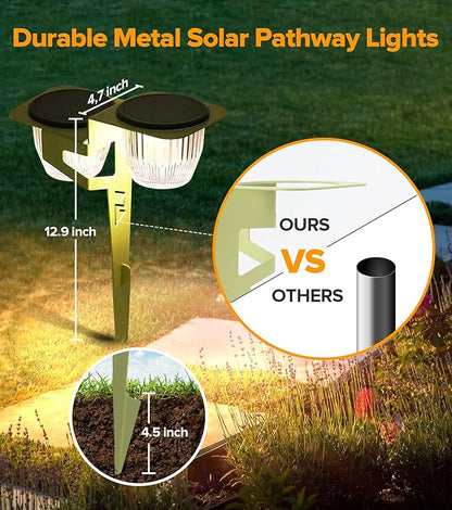 Solar Pathway Lights Outdoor, Dual Head Pathway Lights, Brighter 500 lumens with 2-in-1 Solar and USB Charging Modes, IP65 Waterproof, Garden Lights for Lawn Patio Walkway, Green-2 Pack