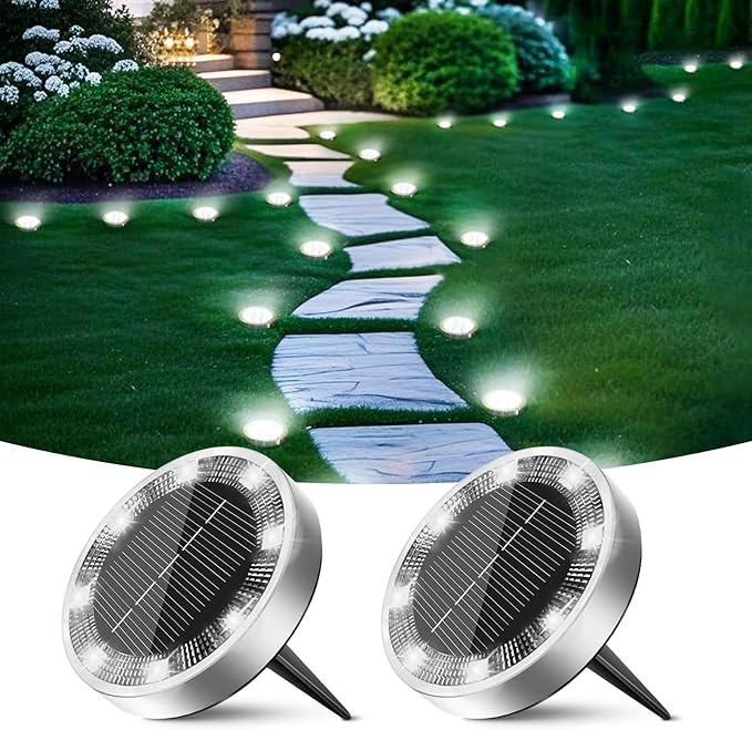 2-Pack Cool White Flat Solar Garden Lights, Waterproof LED