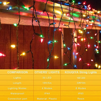 KOUQIYA Battery Operated Christmas Lights, 33ft 100 LED Battery Operated String Lights with Auto-Timer 8 Modes Waterproof String Lights for Xmas Outdoor Indoor Garden Party Decor, Multicolor