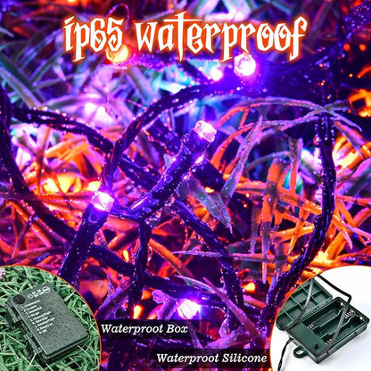 Halloween Lights String Total 100LED Battery Operated Outdoor 8 Modes with Timer 16.4Ft*2, 50LED*2 Waterproof Fairy Lights Indoor for Halloween Decor, Orange&Purple, 2-Pack