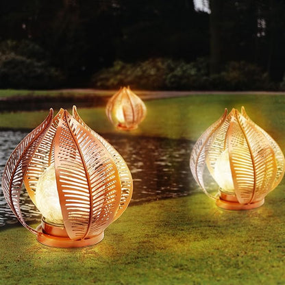 HPC Decor Solar Lights Outdoor Garden, Crackle Globe Glass,Metal Palm Leaf Solar Lights for Outside, Pathway Lights Waterproof LED Outdoor for Patio,Yard,Porch Decor,Gardening Gifts for Women/Mom.