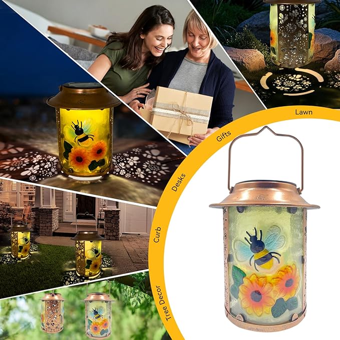 10" H Bee Solar Lanterns Outdoor, Metal Glass Hanging Solar Lanterns with Hollow Out Retro Bee Lights, Decorative for Garden Yard Patio Pathway Tabletop Gifts