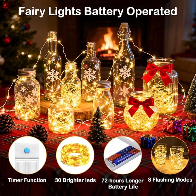 10 Pack Fairy Lights with Timer,10 ft 30 LED String Lights 8 Modes Fairy Lights Battery Operated Waterproof for DIY Wedding Party Bedroom Mason Jars Christmas Decorations (Warm White)