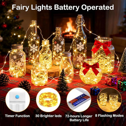 10 Pack Fairy Lights with Timer,10 ft 30 LED String Lights 8 Modes Fairy Lights Battery Operated Waterproof for DIY Wedding Party Bedroom Mason Jars Christmas Decorations (Warm White)