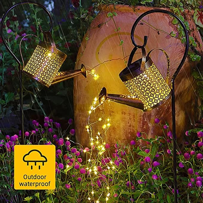 Watering Can with Lights, Solar Lights for Outdoor Garden Art Decor Hanging Solar Lanterns, Metal Waterproof for Walkway Yard Pathway Patio Table
