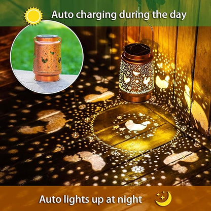 Chicken Solar Lanterns Outdoor Waterproof Hanging Solar Lights Chicken Gifts for Women Men Metal Decorative LED Lanterns for Garden Decor,Yard,Patio,Lawn,Pathway,Landscape